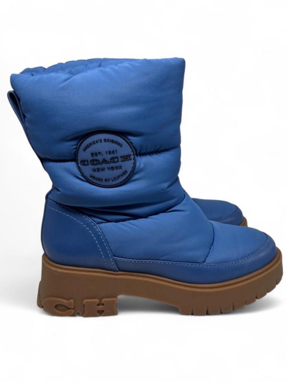 Coach Rya Boots in Sky Blue, Quilted puffer-style nylon, leather upper. 6.5